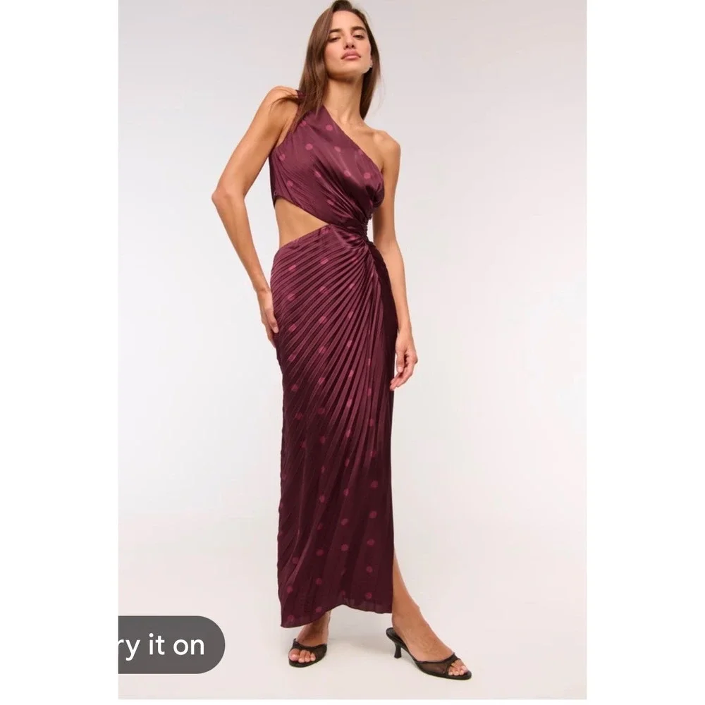 Abercrombie & Fitch Giselle Maxi Dress sz M Burgundy Polka Dot Pleated party